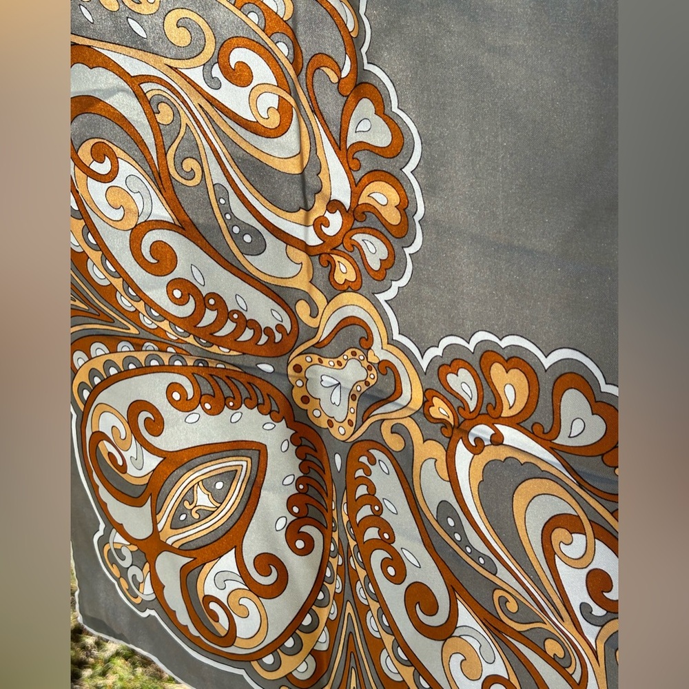 Burmel silk hand rolled vintage Paisley Scarf Japan silver brown geo mod 29” - Picture 5 of 8